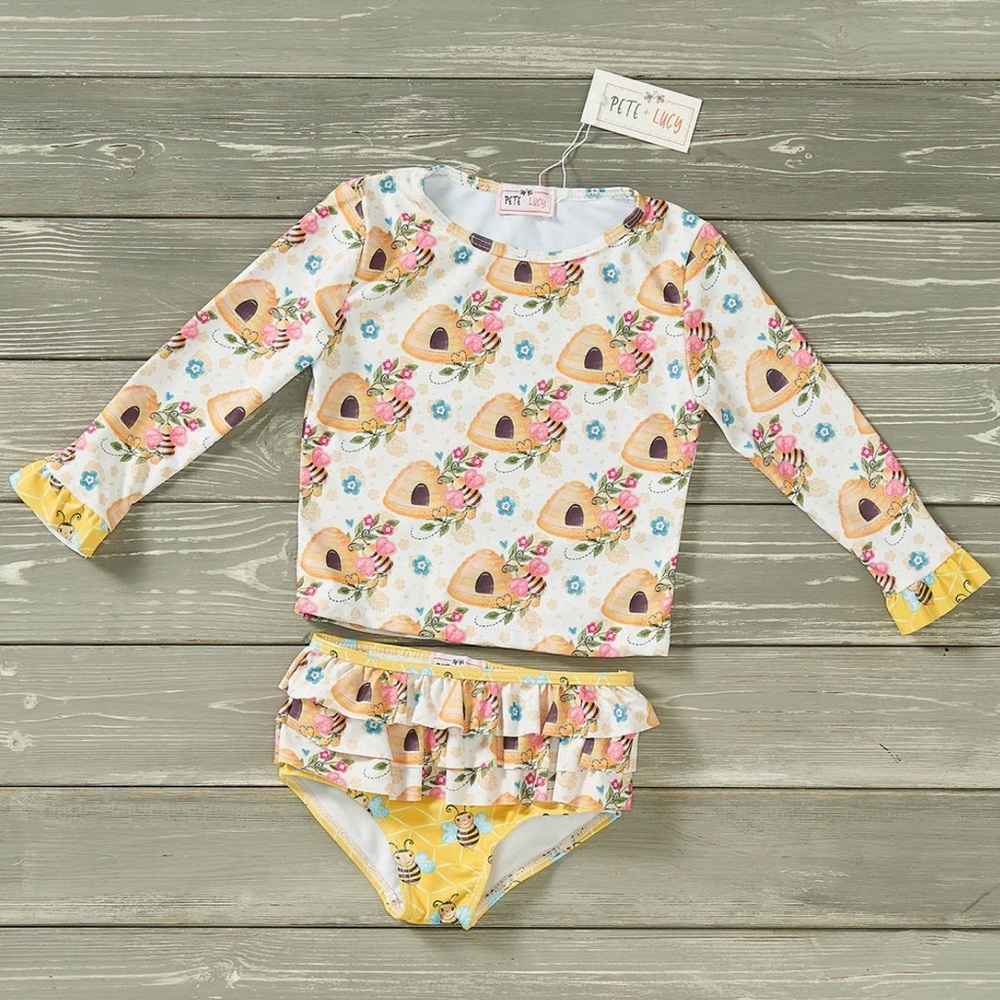 NWT Pete + Lucy Sweet as Honey Ruffle Rashguard Swimsuit